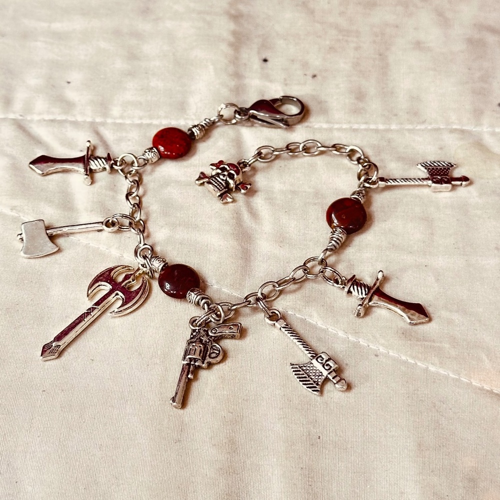Medieval Weapon Charm Bracelet Handmade Red Jasper Stainless Steel Axes Daggers